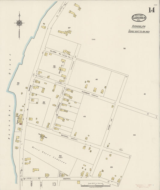 Sanborn Fire Insurance Map from Gardiner, Kennebec County, Maine (1922), Sheet #0014 - Historic Sanborn Fire Insurance Map Print, vintage old map wall art, antique decor, genealogy gift, Maine Maine map