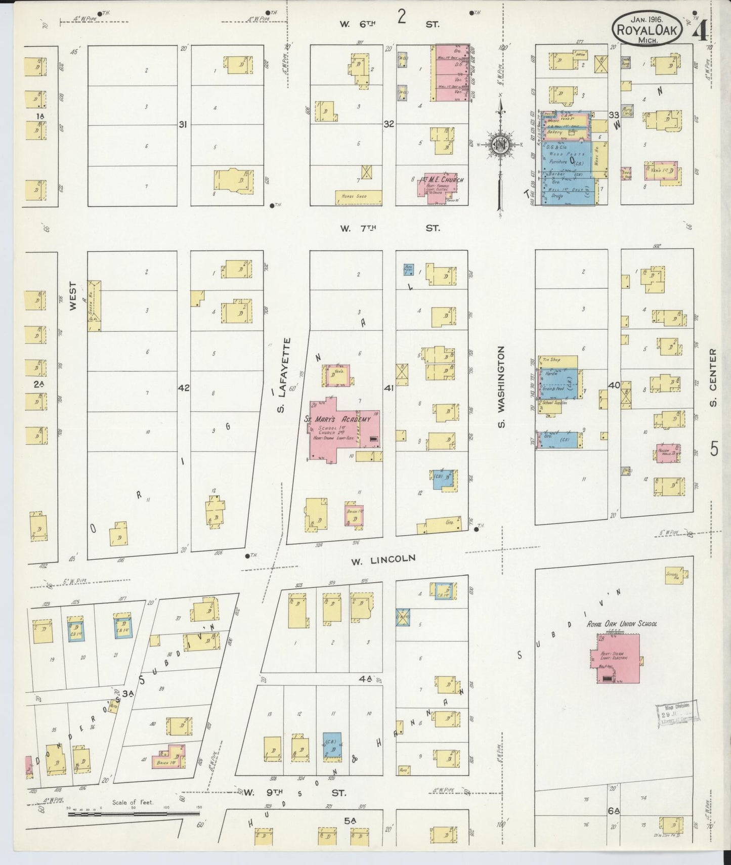 Sanborn Fire Insurance Map from Royal Oak, Oakland County, Michigan (1916), Sheet #0004 - Complete Map Set gallery image, historic Sanborn map, vintage wall art, Michigan Michigan