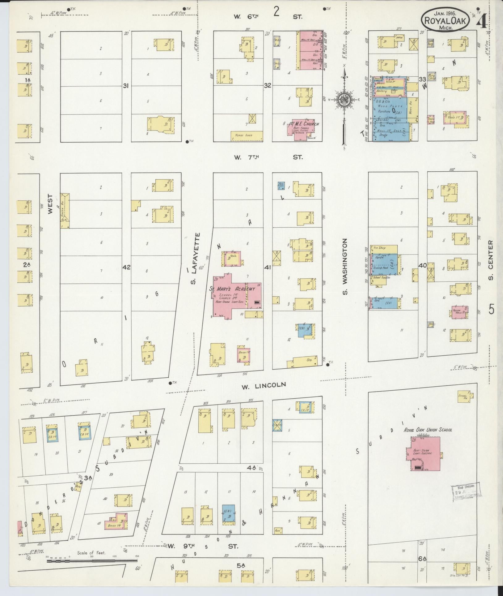 Sanborn Fire Insurance Map from Royal Oak, Oakland County, Michigan (1916), Sheet #0004 - Complete Map Set gallery image, historic Sanborn map, vintage wall art, Michigan Michigan