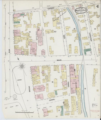 Sanborn Fire Insurance Map from Westfield, Hampden County, Massachusetts (1889), Sheet #0004 - Historic Sanborn Fire Insurance Map Print, vintage old map wall art, antique decor, genealogy gift, Massachusetts Massachusetts map