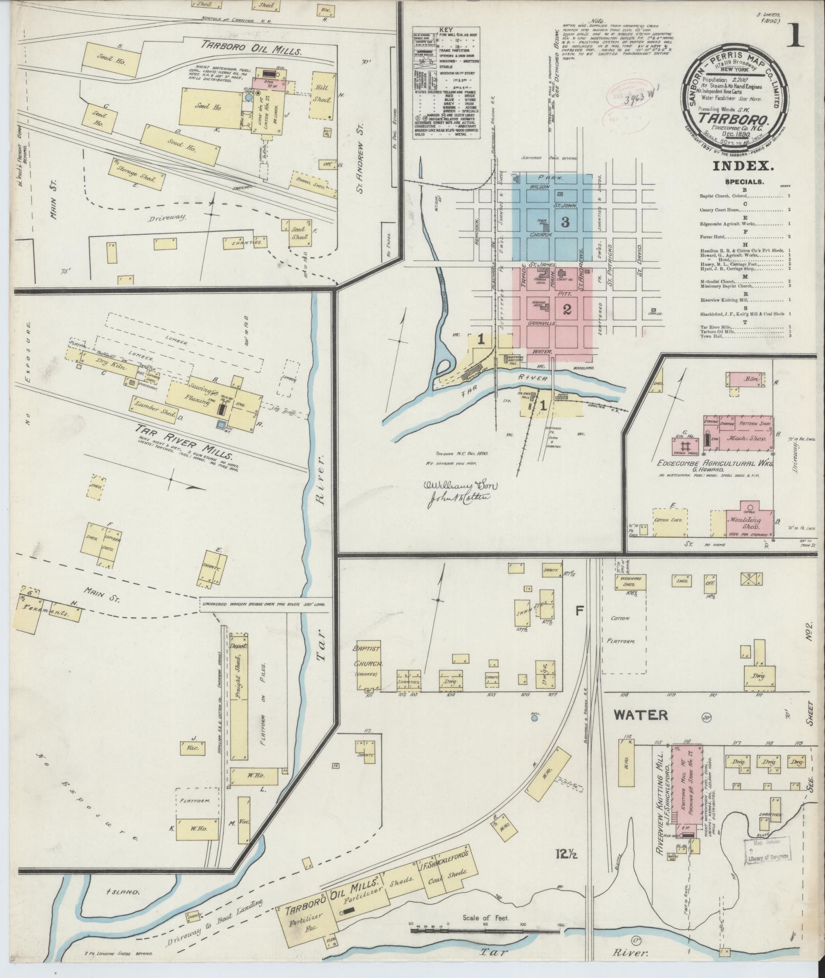 Sanborn Fire Insurance Map from Tarboro, Edgecombe County, North Carolina (1890), Sheet #0001 - Complete Map Set gallery image, historic Sanborn map, vintage wall art, North Carolina North Carolina