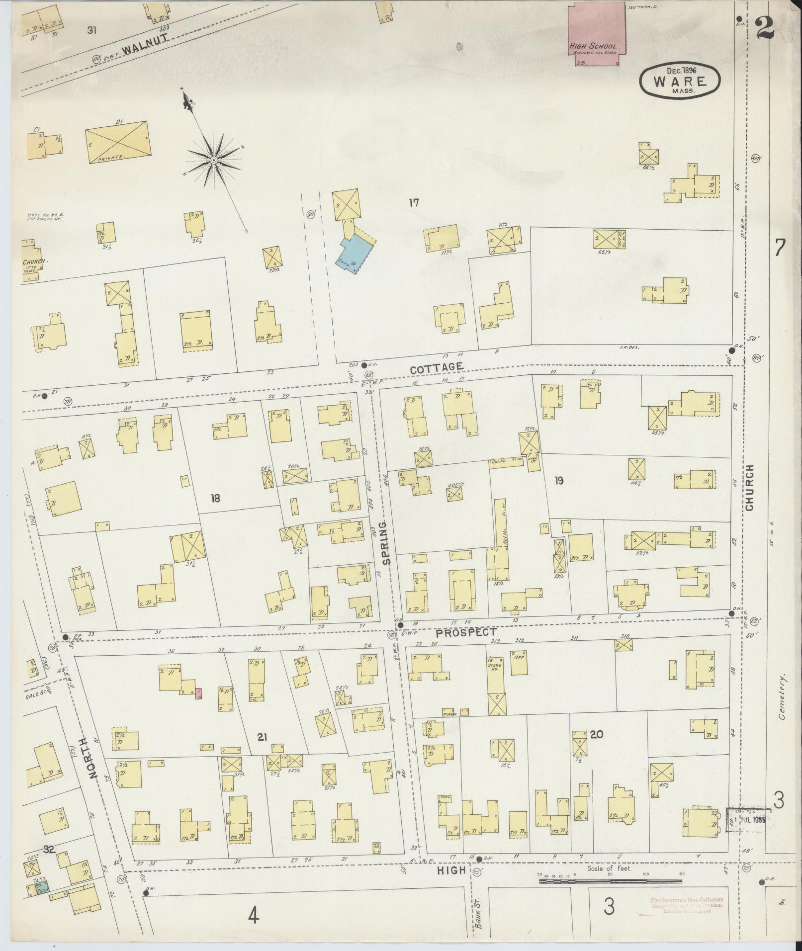 Sanborn Fire Insurance Map from Ware, Hampshire County, Massachusetts (1896), Sheet #0002 - Historic Sanborn Fire Insurance Map Print, vintage old map wall art, antique decor, genealogy gift, Massachusetts Massachusetts map
