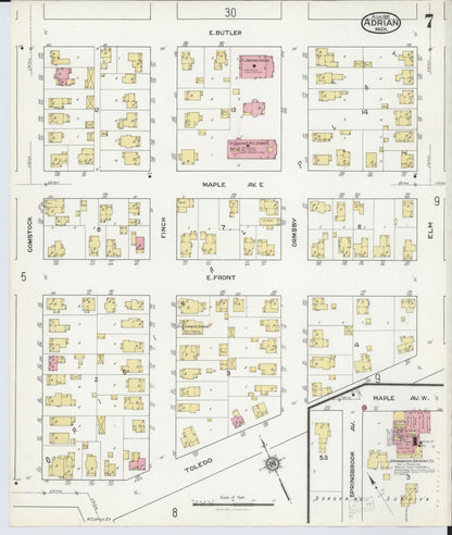 Sanborn Fire Insurance Map from Adrian, Lenawee County, Michigan (1916), Sheet #0007 - Historic Sanborn Fire Insurance Map Print, vintage old map wall art, antique decor, genealogy gift, Michigan Michigan map
