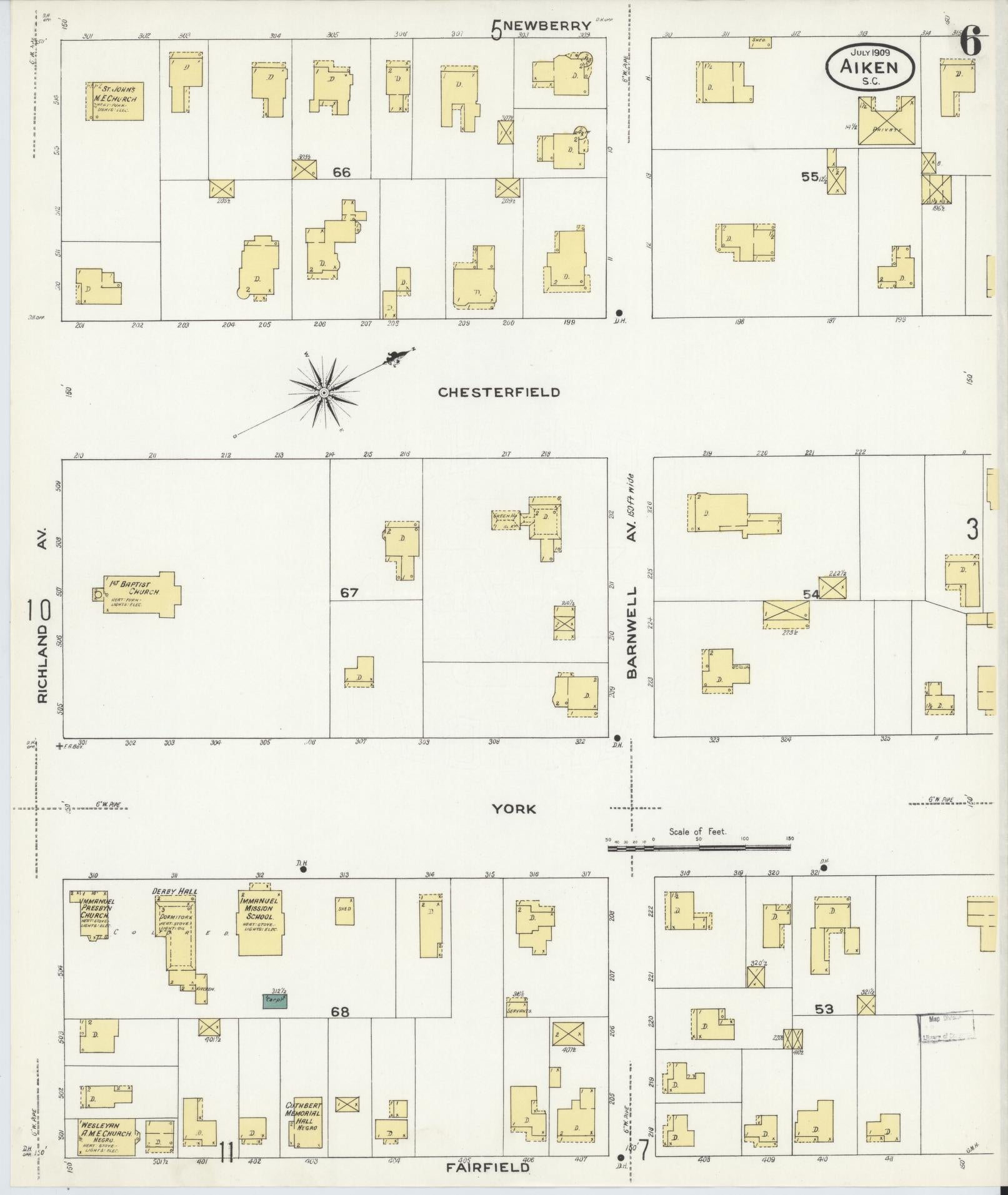 Sanborn Fire Insurance Map from Aiken, Aiken County, South Carolina (1909), Sheet #0006 - Complete Map Set gallery image, historic Sanborn map, vintage wall art, South Carolina South Carolina