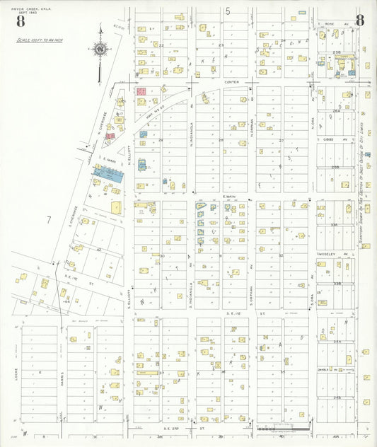 Sanborn Fire Insurance Map from Pryor Creek, Mayes County, Oklahoma (1943), Sheet #0008 - Historic Sanborn Fire Insurance Map Print, vintage old map wall art, antique decor, genealogy gift, Oklahoma Oklahoma map