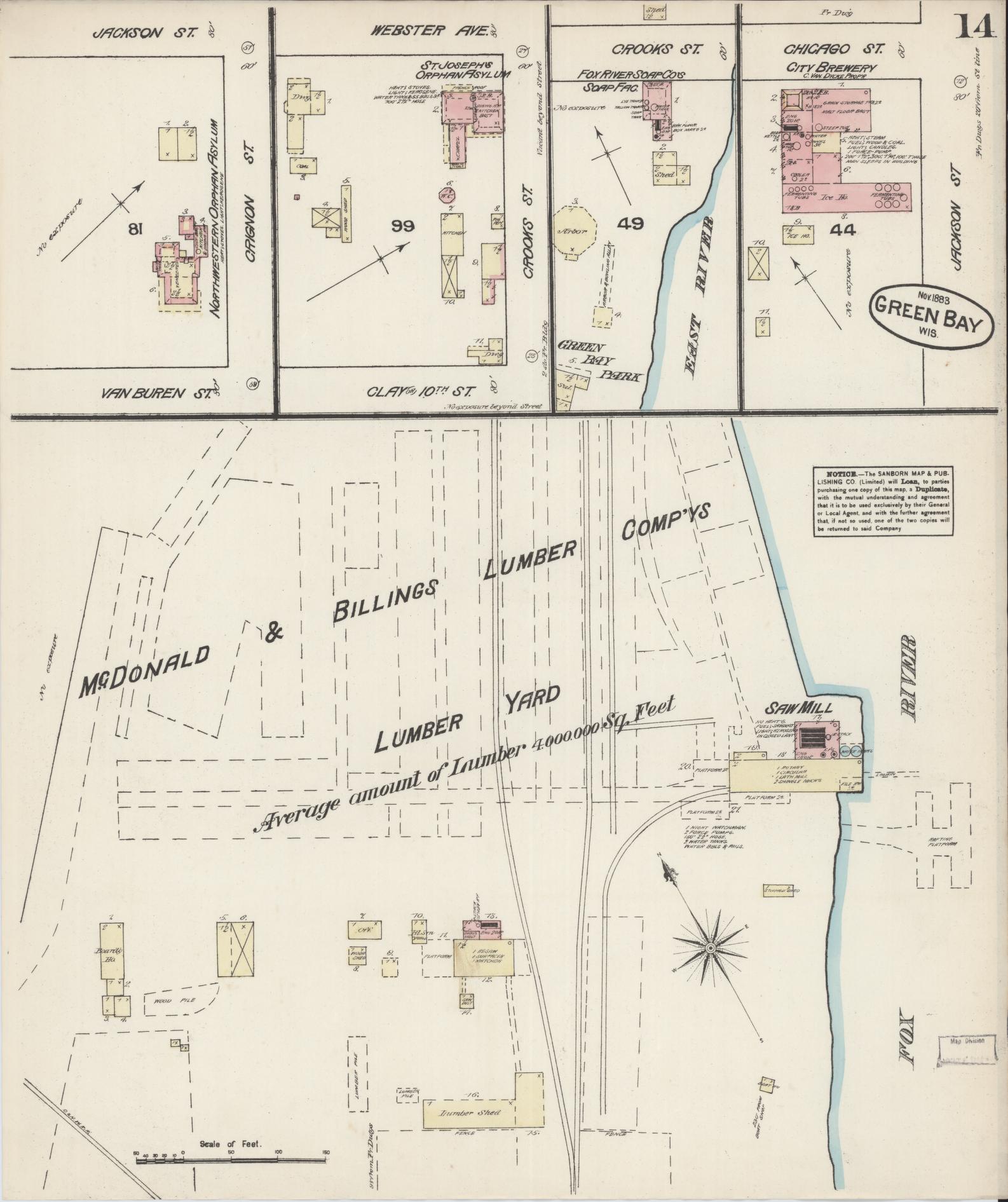 Sanborn Fire Insurance Map from Green Bay, Brown County, Wisconsin (1883), Sheet #0014 - Historic Sanborn Fire Insurance Map Print, vintage old map wall art, antique decor, genealogy gift, Wisconsin Wisconsin map