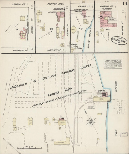 Sanborn Fire Insurance Map from Green Bay, Brown County, Wisconsin (1883), Sheet #0014 - Historic Sanborn Fire Insurance Map Print, vintage old map wall art, antique decor, genealogy gift, Wisconsin Wisconsin map