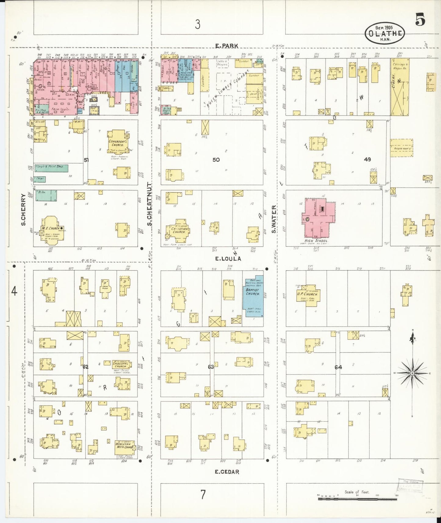 Sanborn Fire Insurance Map from Olathe, Johnson County, Kansas (1905), Sheet #0005 - Complete Map Set gallery image, historic Sanborn map, vintage wall art, Kansas Kansas