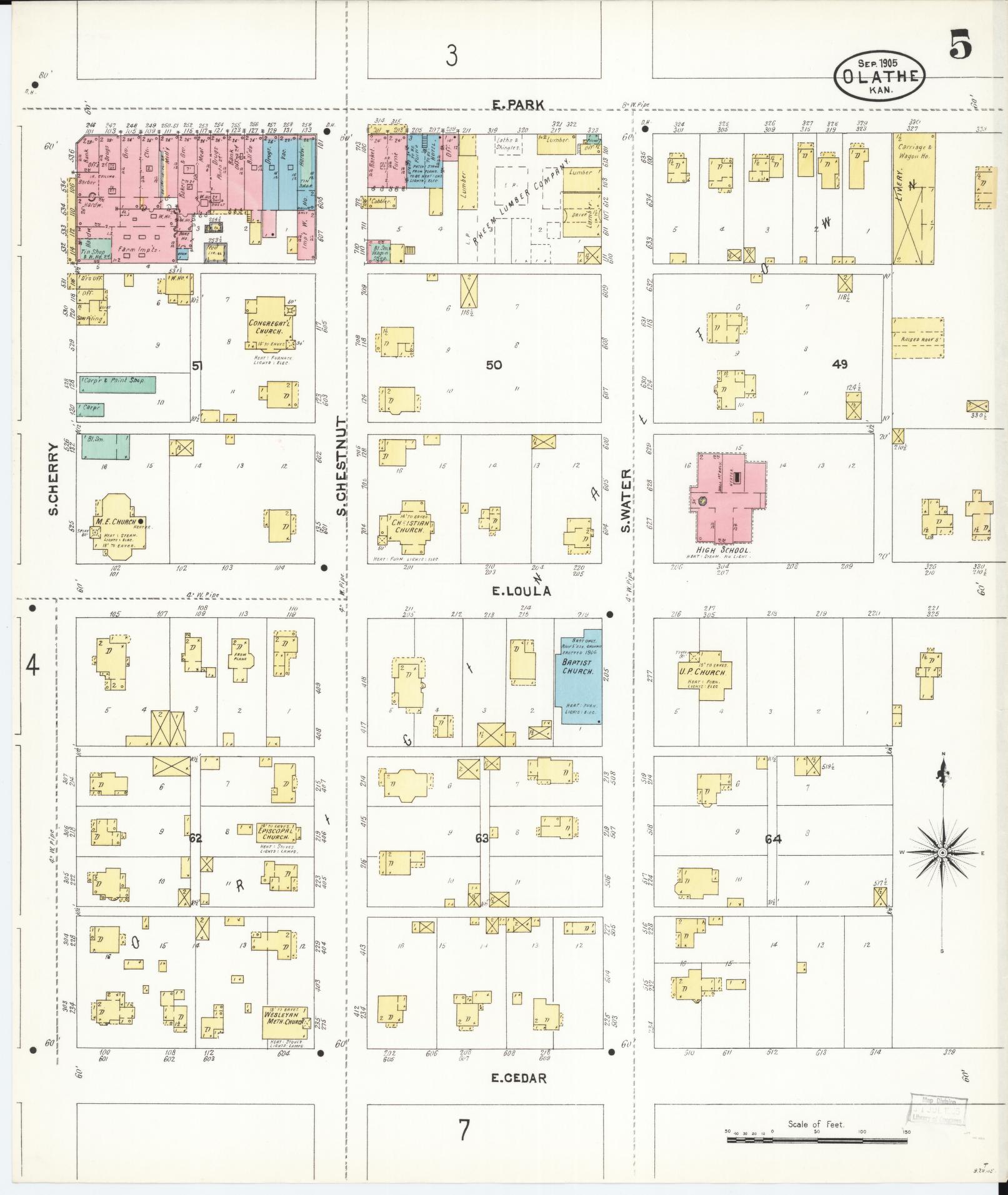 Sanborn Fire Insurance Map from Olathe, Johnson County, Kansas (1905), Sheet #0005 - Complete Map Set gallery image, historic Sanborn map, vintage wall art, Kansas Kansas