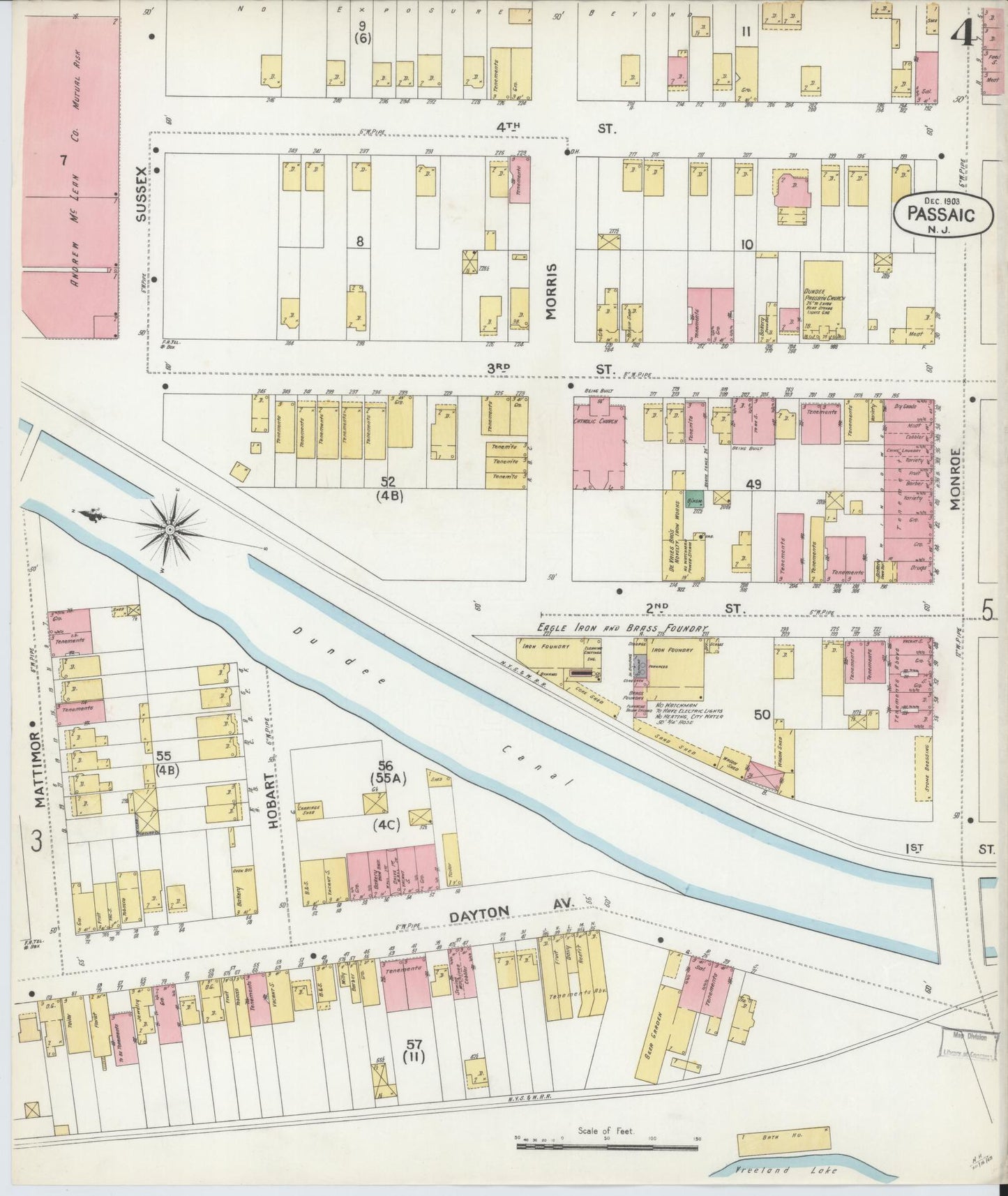 Sanborn Fire Insurance Map from Passaic, Passaic County, New Jersey (1903), Sheet #0004 - Historic Sanborn Fire Insurance Map Print, vintage old map wall art, antique decor, genealogy gift, New Jersey New Jersey map