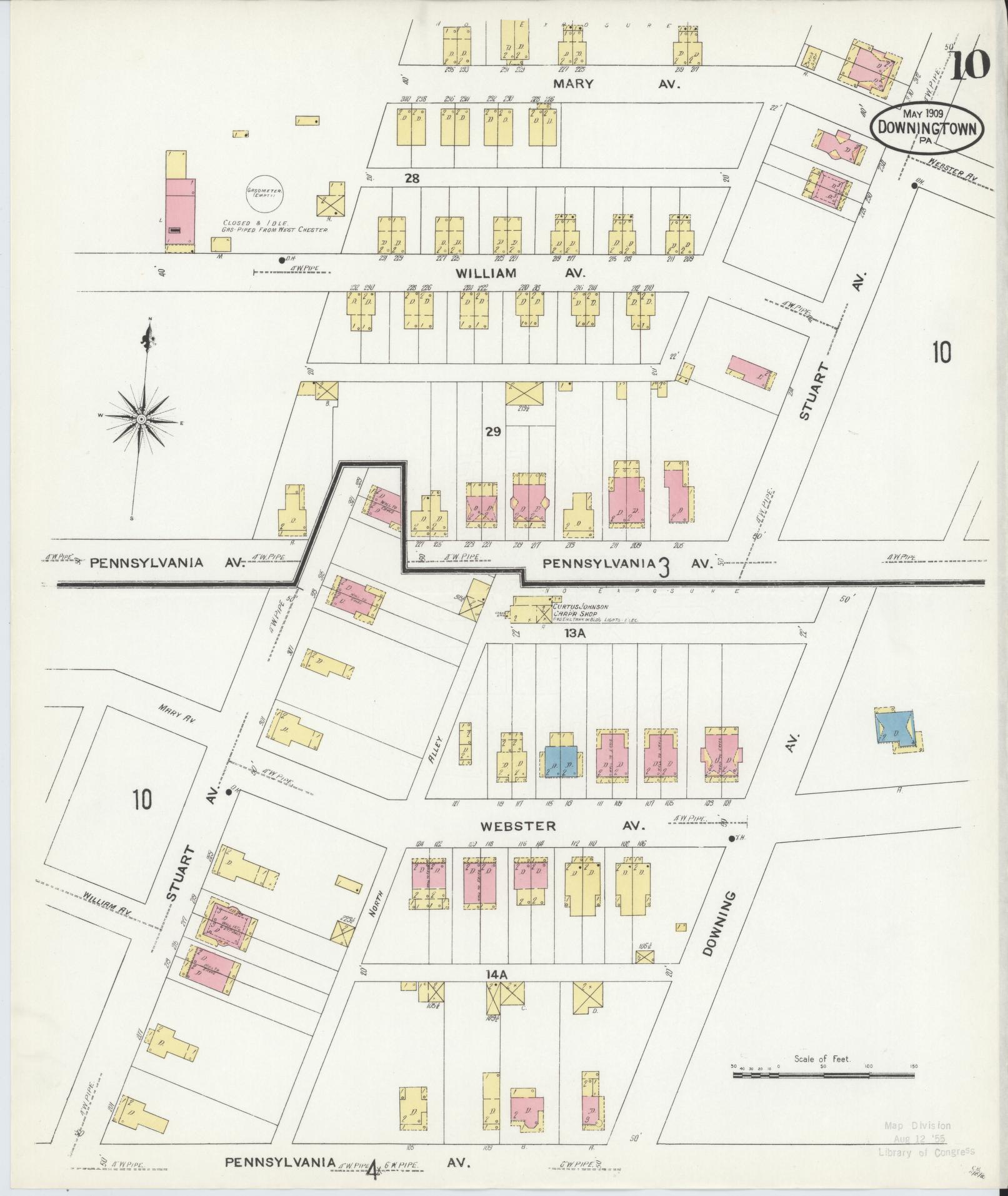 Sanborn Fire Insurance Map from Downingtown, Chester County, Pennsylvania (1909), Sheet #0010 - Historic Sanborn Fire Insurance Map Print, vintage old map wall art, antique decor, genealogy gift, Pennsylvania Pennsylvania map