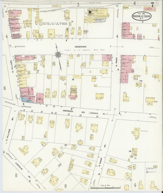 Sanborn Fire Insurance Map from Rockville Centre, Nassau County, New York (1910), Sheet #0007 - Historic Sanborn Fire Insurance Map Print, vintage old map wall art, antique decor, genealogy gift, New York New York map