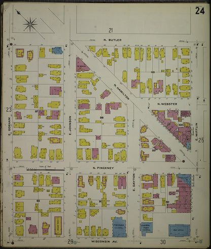 Sanborn Fire Insurance Map from Madison, Dane County, Wisconsin (1908), Sheet #0024 - Historic Sanborn Fire Insurance Map Print, vintage old map wall art, antique decor, genealogy gift, Wisconsin Wisconsin map