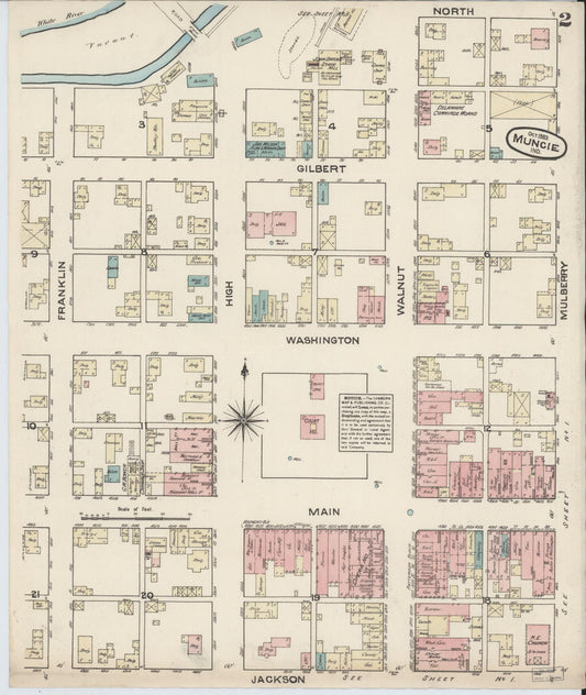 Sanborn Fire Insurance Map from Muncie, Delaware County, Indiana (1883), Sheet #0002 - Historic Sanborn Fire Insurance Map Print, vintage old map wall art, antique decor, genealogy gift, Indiana Indiana map