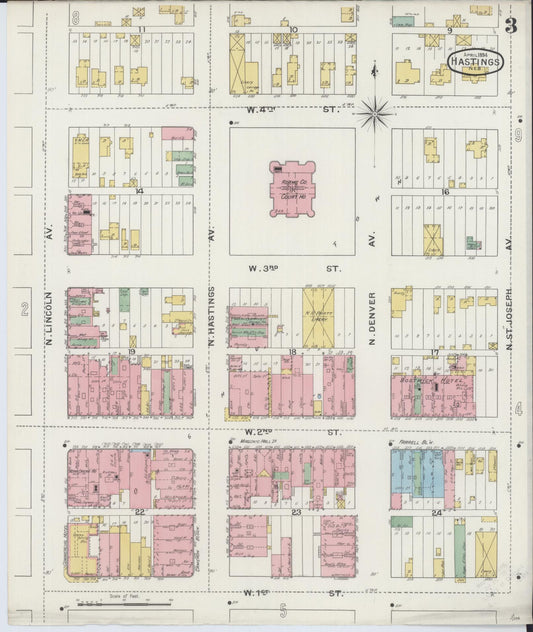 Sanborn Fire Insurance Map from Hastings, Adams County, Nebraska (1894), Sheet #0003 - Historic Sanborn Fire Insurance Map Print, vintage old map wall art, antique decor, genealogy gift, Nebraska Nebraska map