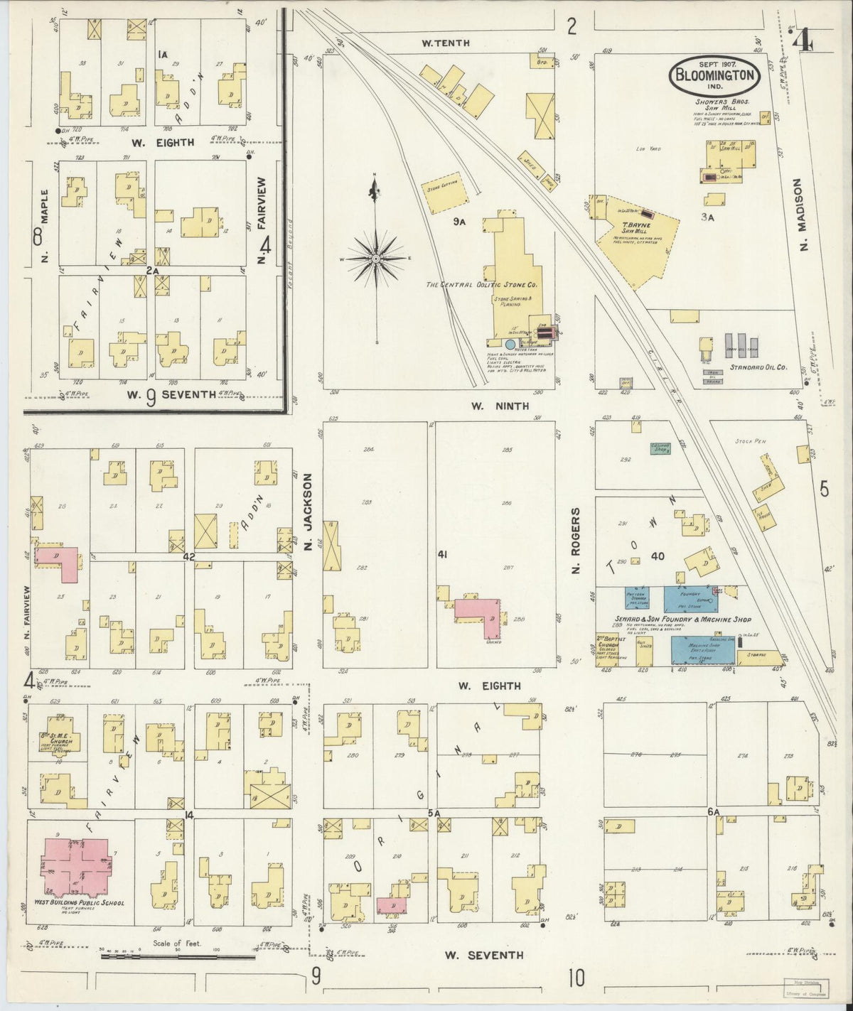 Sanborn Fire Insurance Map from Bloomington, Monroe County, Indiana (1907), Sheet #0004 - Historic Sanborn Fire Insurance Map Print, vintage old map wall art, antique decor, genealogy gift, Indiana Indiana map