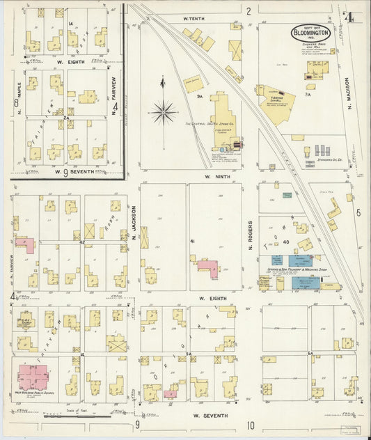 Sanborn Fire Insurance Map from Bloomington, Monroe County, Indiana (1907), Sheet #0004 - Historic Sanborn Fire Insurance Map Print, vintage old map wall art, antique decor, genealogy gift, Indiana Indiana map