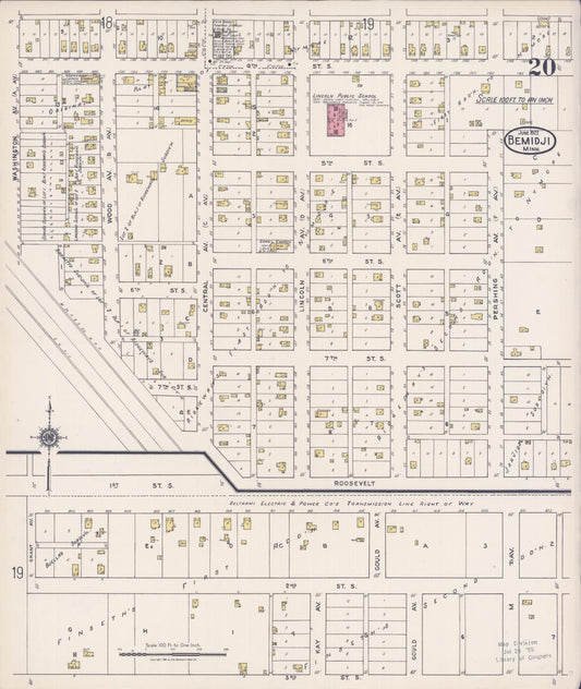 Sanborn Fire Insurance Map from Bemidji, Beltrami County, Minnesota (1922), Sheet #0020 - Historic Sanborn Fire Insurance Map Print, vintage old map wall art, antique decor, genealogy gift, Minnesota Minnesota map