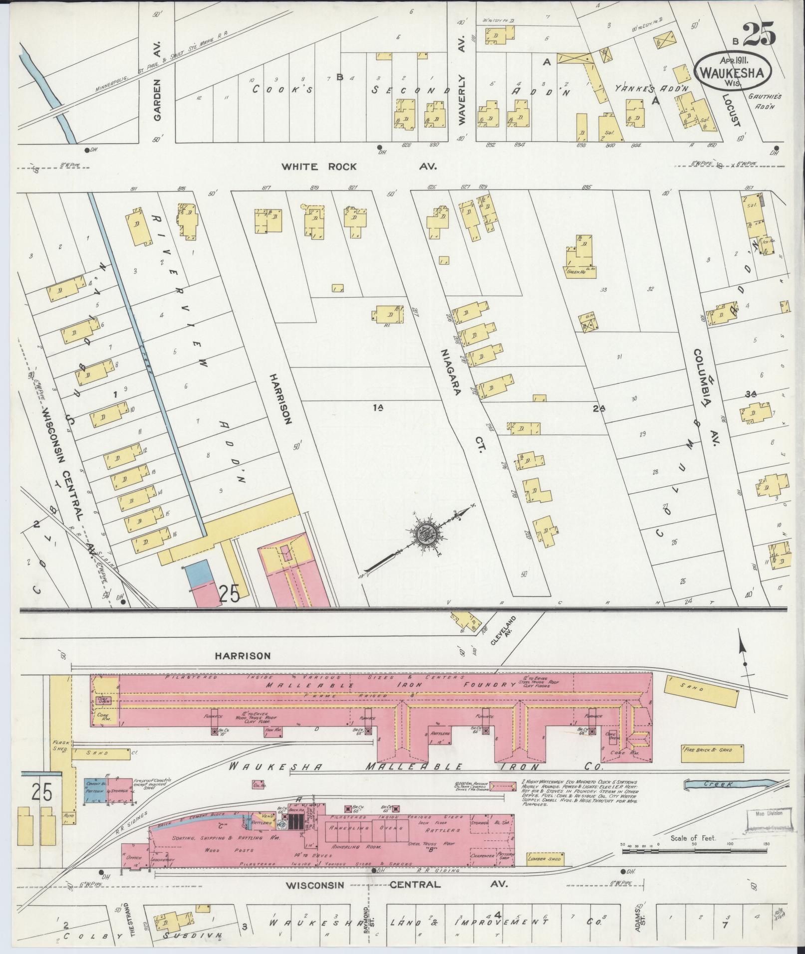 Sanborn Fire Insurance Map from Waukesha, Waukesha County, Wisconsin (1911), Sheet #0025 - Historic Sanborn Fire Insurance Map Print, vintage old map wall art, antique decor, genealogy gift, Wisconsin Wisconsin map