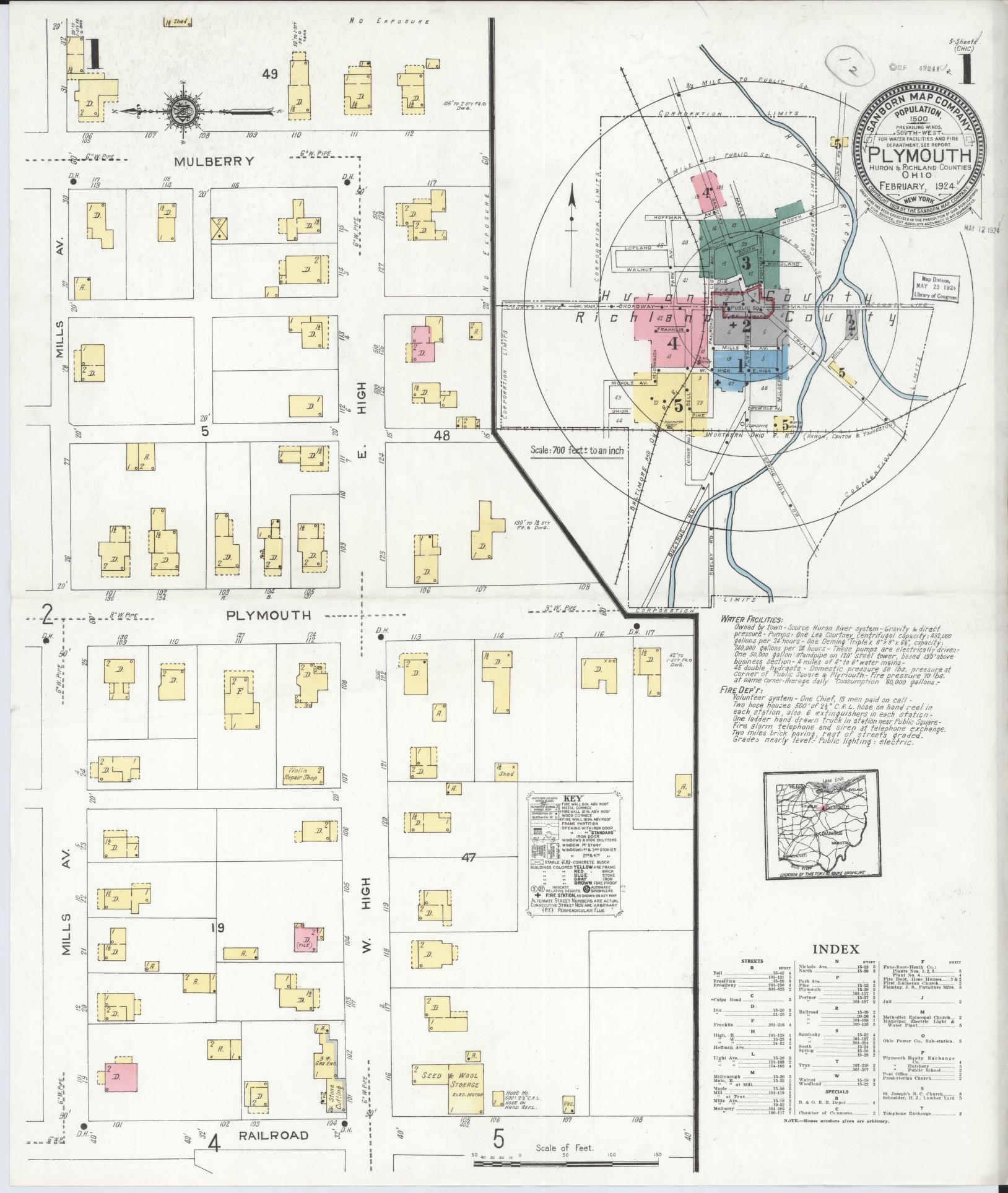 Sanborn Fire Insurance Map from Plymouth, Huron And Richland Counties, Ohio (1924), Sheet #0001 - Complete Map Set gallery image, historic Sanborn map, vintage wall art, Ohio Ohio