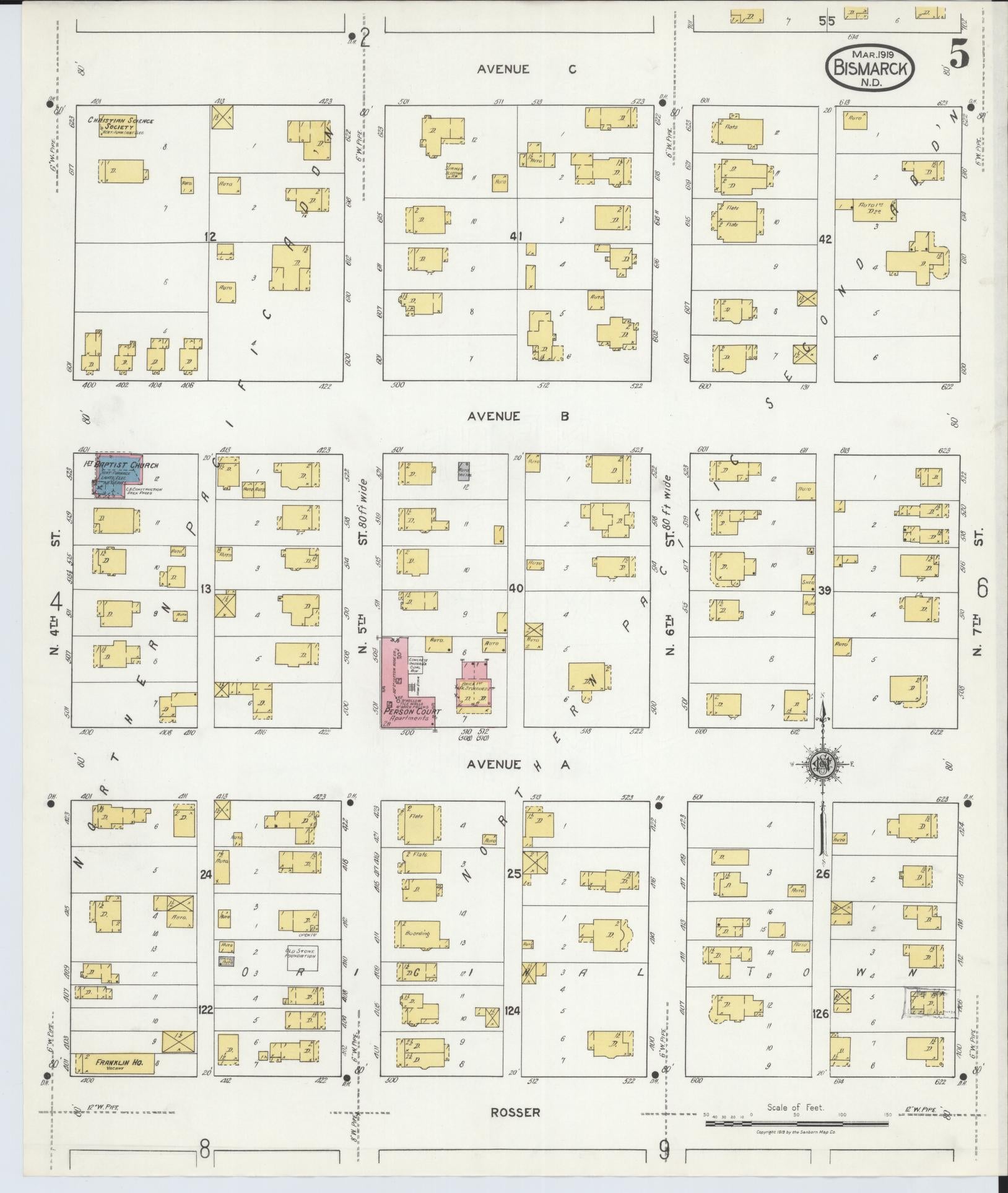 Sanborn Fire Insurance Map from Bismarck, Burleigh County, North Dakota (1919), Sheet #0005 - Historic Sanborn Fire Insurance Map Print, vintage old map wall art, antique decor, genealogy gift, North Dakota North Dakota map