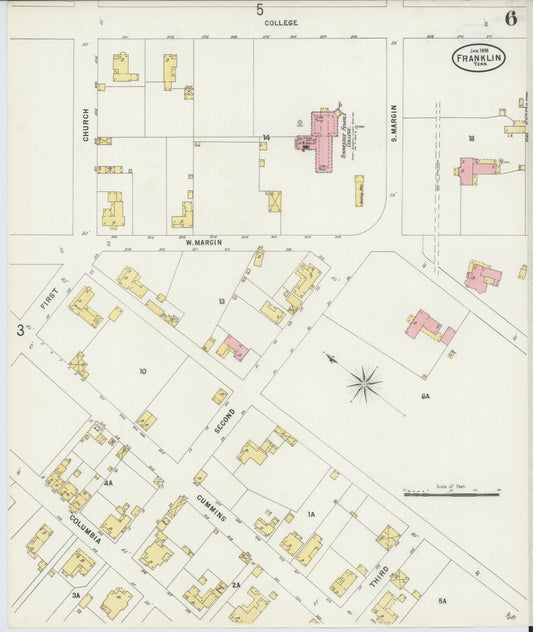 Sanborn Fire Insurance Map from Franklin, Williamson County, Tennessee (1898), Sheet #0006 - Historic Sanborn Fire Insurance Map Print, vintage old map wall art, antique decor, genealogy gift, Tennessee Tennessee map