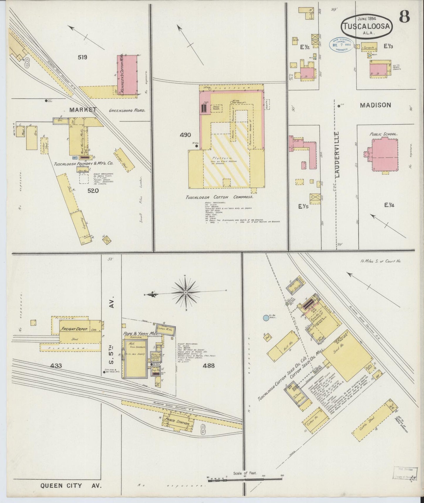 Sanborn Fire Insurance Map from Tuscaloosa, Tuscaloosa County, Alabama (1894), Sheet #0008 - Historic Sanborn Fire Insurance Map Print, vintage old map wall art, antique decor, genealogy gift, Alabama Alabama map