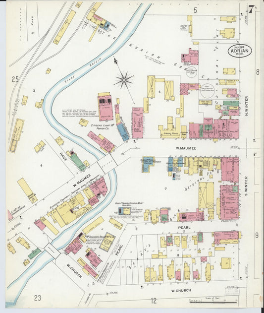 Sanborn Fire Insurance Map from Adrian, Lenawee County, Michigan (1908), Sheet #0007 - Historic Sanborn Fire Insurance Map Print, vintage old map wall art, antique decor, genealogy gift, Michigan Michigan map