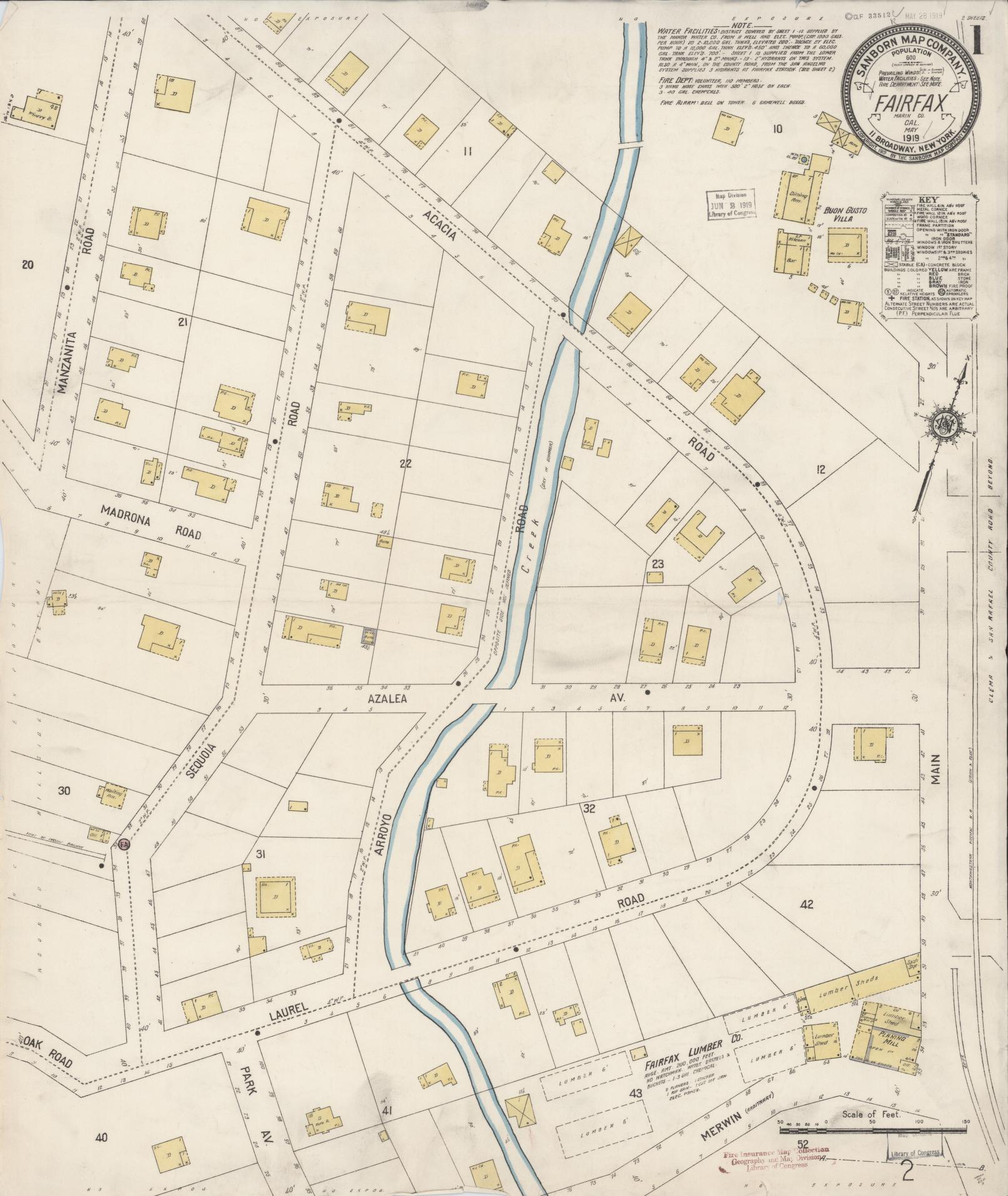 Sanborn Fire Insurance Map from Fairfax, Marin County, California (1919), Sheet #0001 - Complete Map Set gallery image, historic Sanborn map, vintage wall art, California California