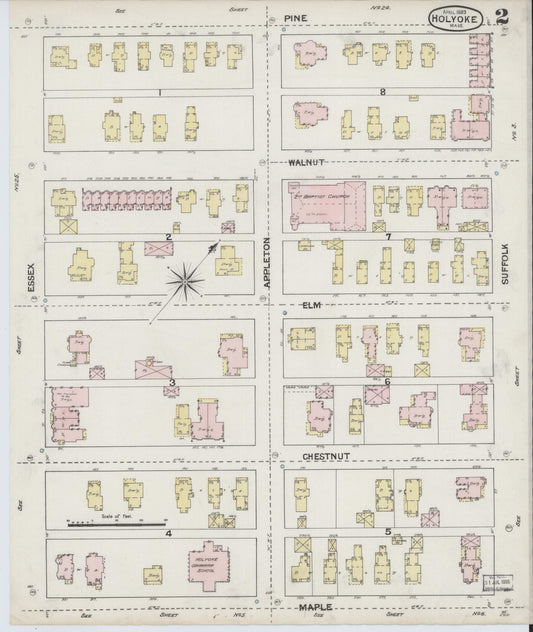 Sanborn Fire Insurance Map from Holyoke, Hampden County, Massachusetts (1889), Sheet #0002 - Historic Sanborn Fire Insurance Map Print, vintage old map wall art, antique decor, genealogy gift, Massachusetts Massachusetts map
