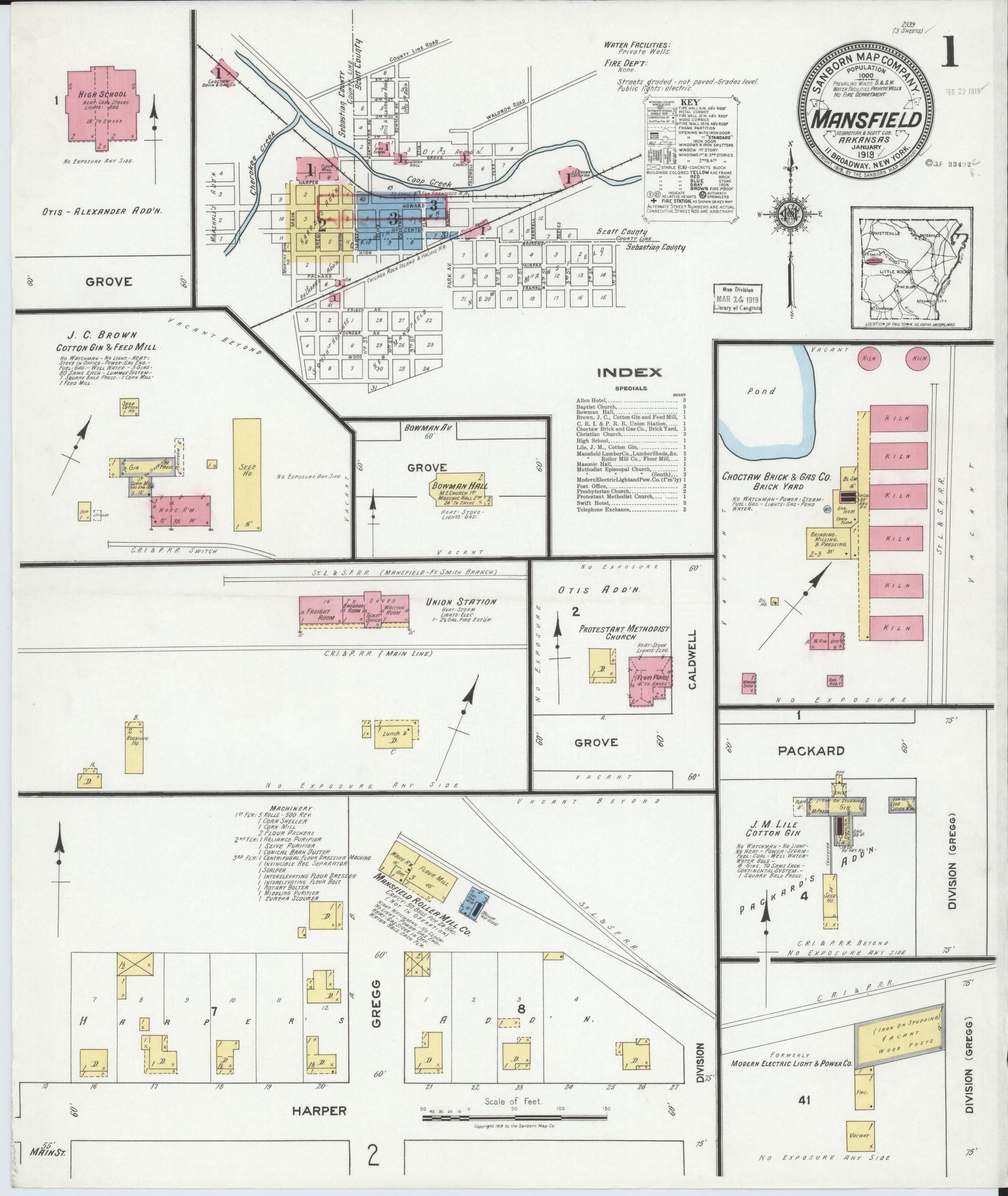 Sanborn Fire Insurance Map from Mansfield, Sebastian And Scott Counties, Arkansas (1919), Sheet #0001 - Historic Sanborn Fire Insurance Map Print, vintage old map wall art, antique decor, genealogy gift, Arkansas Arkansas map