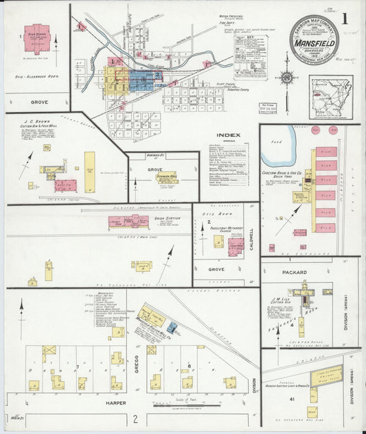 Sanborn Fire Insurance Map from Mansfield, Sebastian And Scott Counties, Arkansas (1919), Sheet #0001 - Historic Sanborn Fire Insurance Map Print, vintage old map wall art, antique decor, genealogy gift, Arkansas Arkansas map