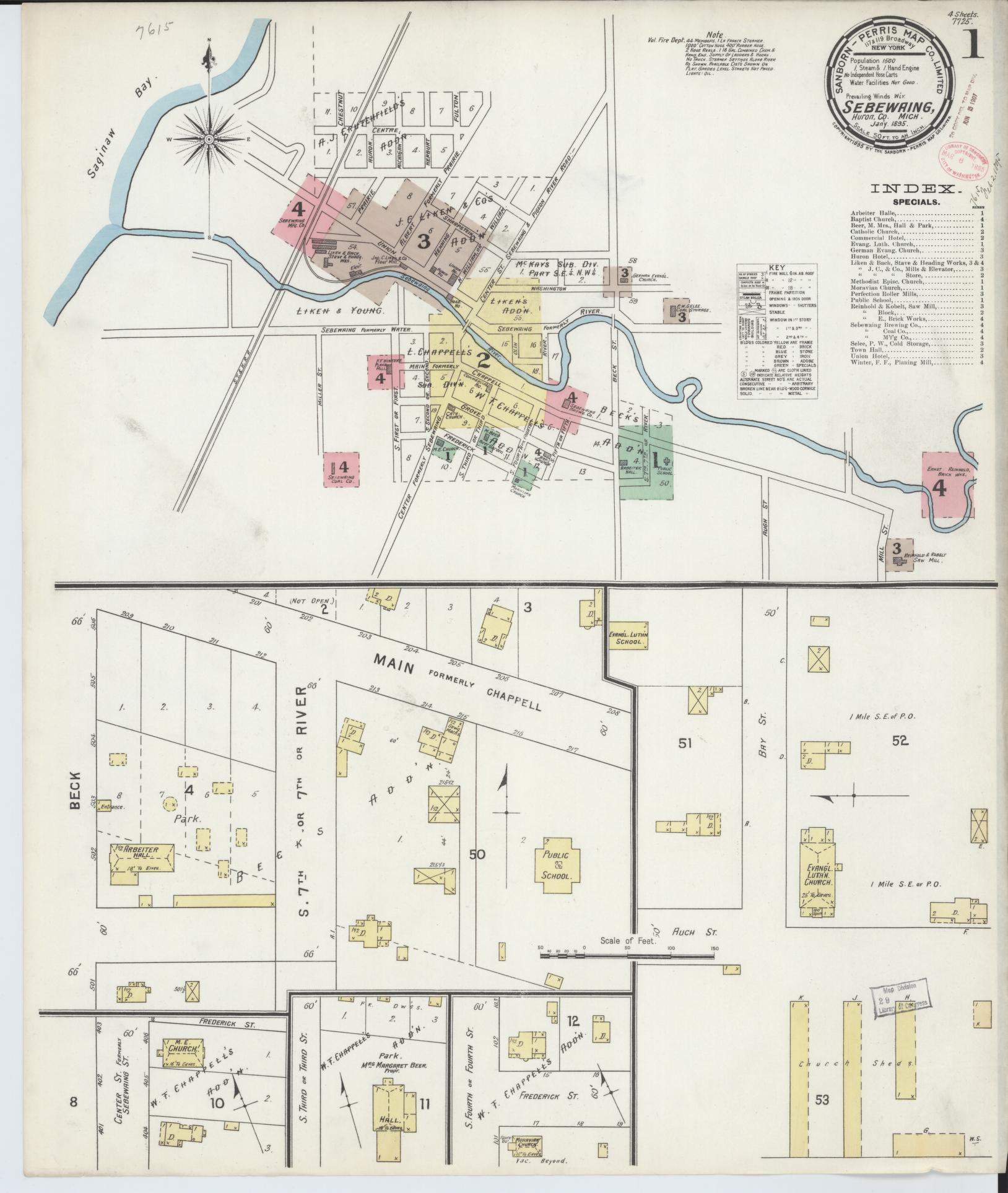 Sanborn Fire Insurance Map from Sebewaing, Huron County, Michigan (1895), Sheet #0001 - Historic Sanborn Fire Insurance Map Print, vintage old map wall art, antique decor, genealogy gift, Michigan Michigan map