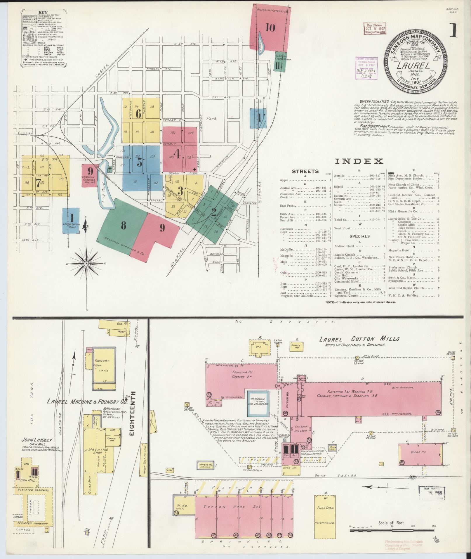 Sanborn Fire Insurance Map from Laurel, Jones County, Mississippi (1907), Sheet #0001 - Historic Sanborn Fire Insurance Map Print, vintage old map wall art, antique decor, genealogy gift, Mississippi Mississippi map