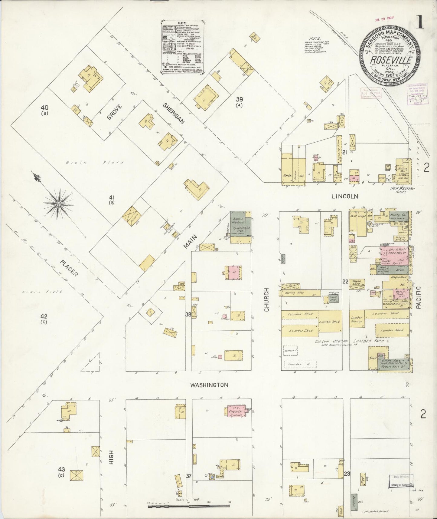 Sanborn Fire Insurance Map from Roseville, Placer County, California (1907), Sheet #0001 - Complete Map Set gallery image, historic Sanborn map, vintage wall art, California California