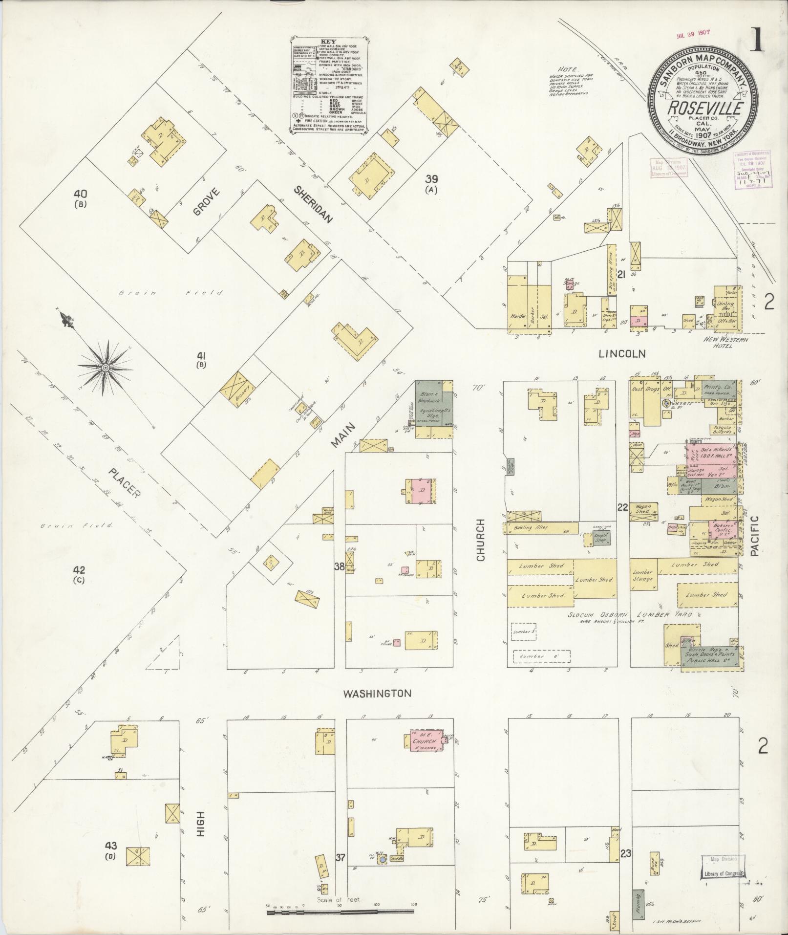 Sanborn Fire Insurance Map from Roseville, Placer County, California (1907), Sheet #0001 - Complete Map Set gallery image, historic Sanborn map, vintage wall art, California California