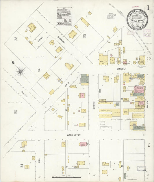 Sanborn Fire Insurance Map from Roseville, Placer County, California (1907), Sheet #0001 - Complete Map Set gallery image, historic Sanborn map, vintage wall art, California California