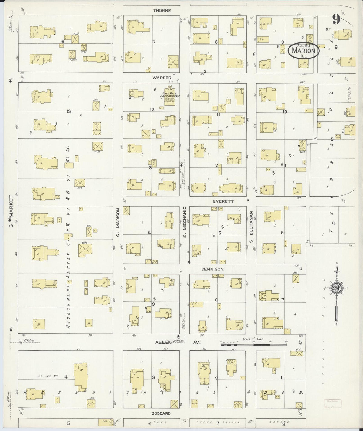 Sanborn Fire Insurance Map from Marion, Williamson County, Illinois (1913), Sheet #0009 - Complete Map Set gallery image, historic Sanborn map, vintage wall art, Illinois Illinois