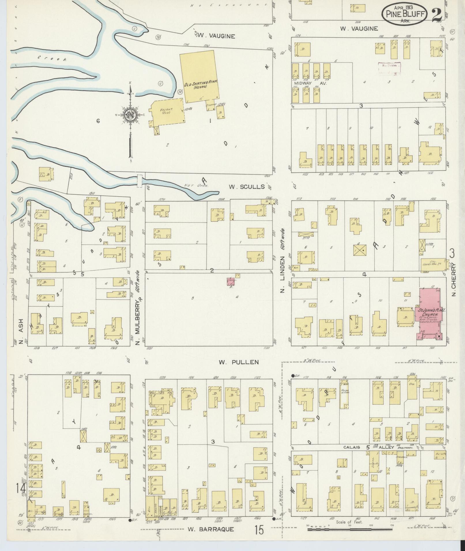 Sanborn Fire Insurance Map from Pine Bluff, Jefferson County, Arkansas (1913), Sheet #0002 - Historic Sanborn Fire Insurance Map Print, vintage old map wall art, antique decor, genealogy gift, Arkansas Arkansas map
