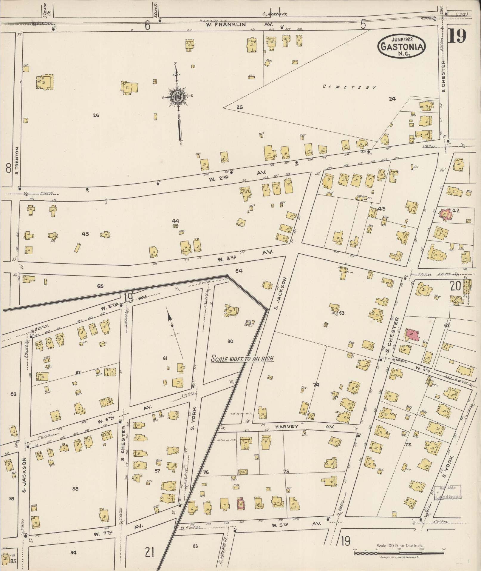 Sanborn Fire Insurance Map from Gastonia, Gaston County, North Carolina (1922), Sheet #0019 - Historic Sanborn Fire Insurance Map Print, vintage old map wall art, antique decor, genealogy gift, North Carolina North Carolina map