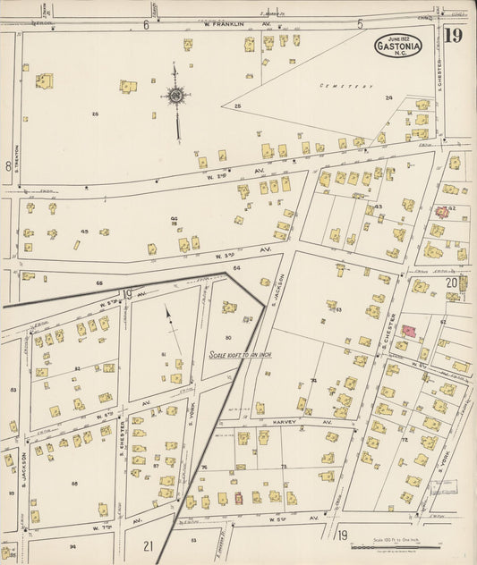 Sanborn Fire Insurance Map from Gastonia, Gaston County, North Carolina (1922), Sheet #0019 - Historic Sanborn Fire Insurance Map Print, vintage old map wall art, antique decor, genealogy gift, North Carolina North Carolina map