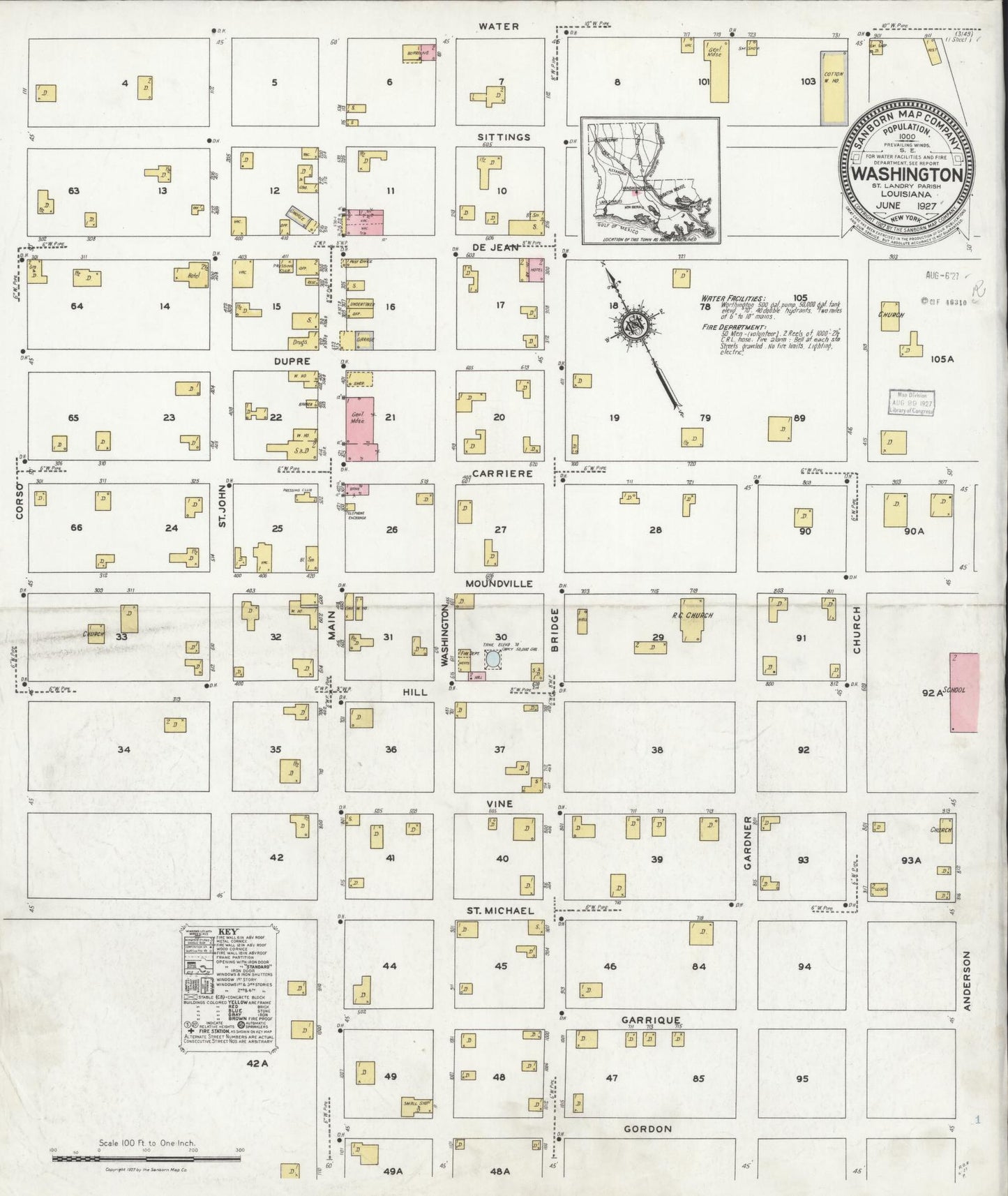 Sanborn Fire Insurance Map from Washington, Saint Landry Parish, Louisiana (1927), Sheet #0001 - Historic Sanborn Fire Insurance Map Print, vintage old map wall art, antique decor, genealogy gift, Washington Washington map