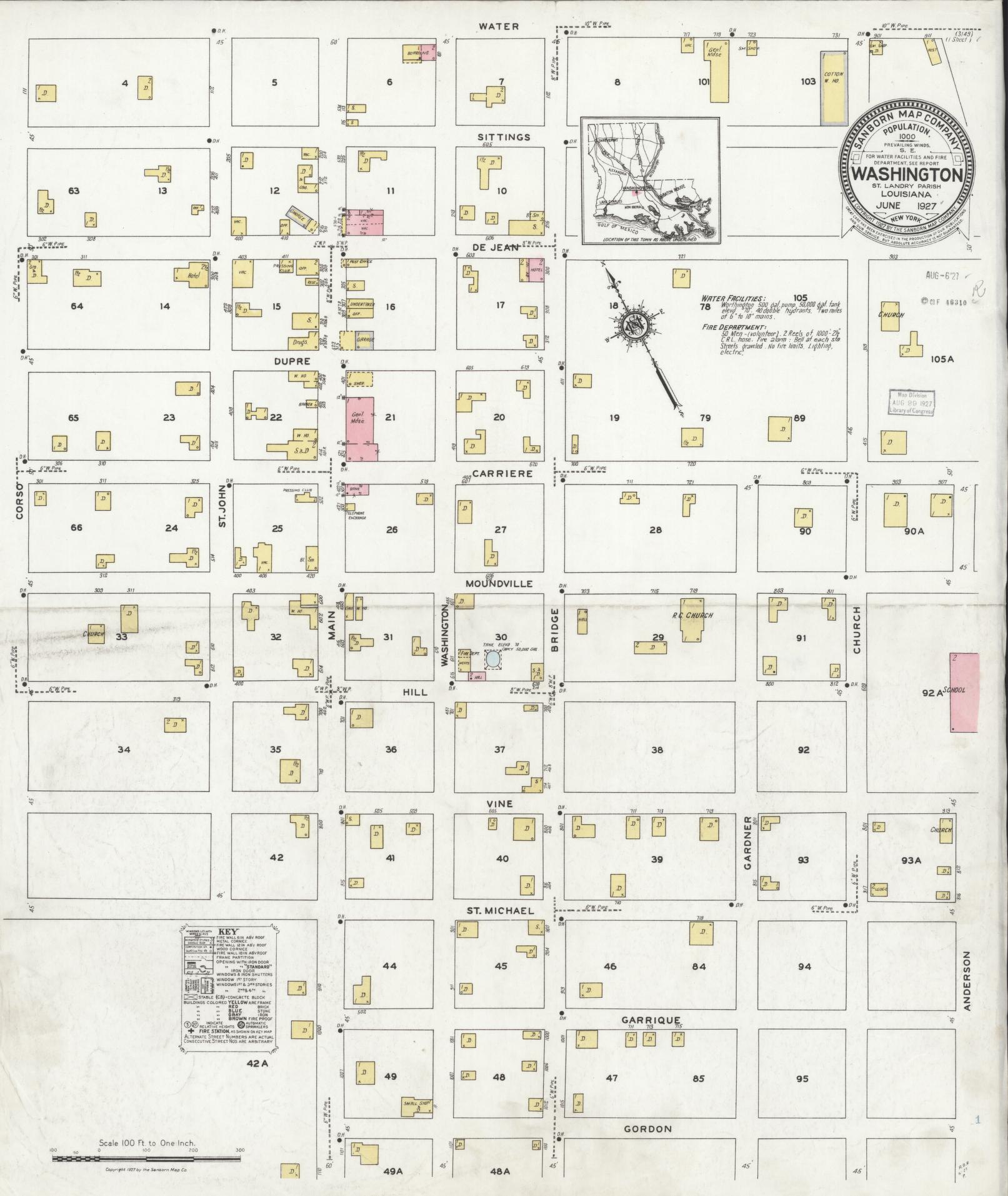 Sanborn Fire Insurance Map from Washington, Saint Landry Parish, Louisiana (1927), Sheet #0001 - Historic Sanborn Fire Insurance Map Print, vintage old map wall art, antique decor, genealogy gift, Washington Washington map