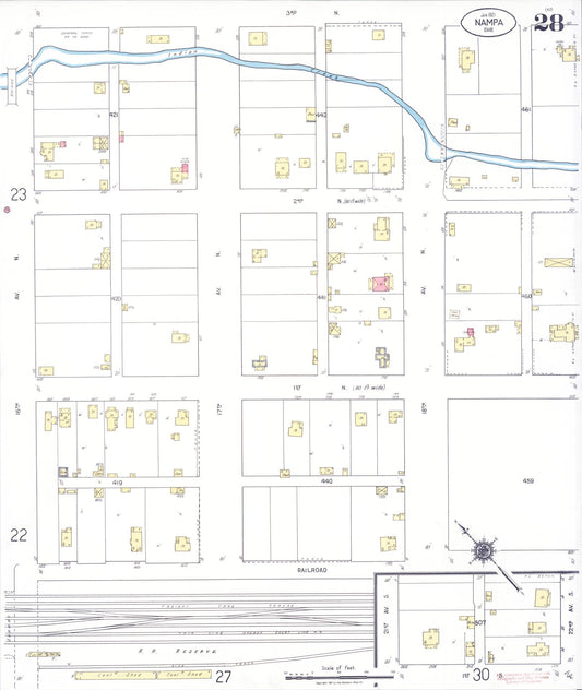 Sanborn Fire Insurance Map from Nampa, Canyon County, Idaho (1921), Sheet #0028 - Historic Sanborn Fire Insurance Map Print, vintage old map wall art, antique decor, genealogy gift, Idaho Idaho map