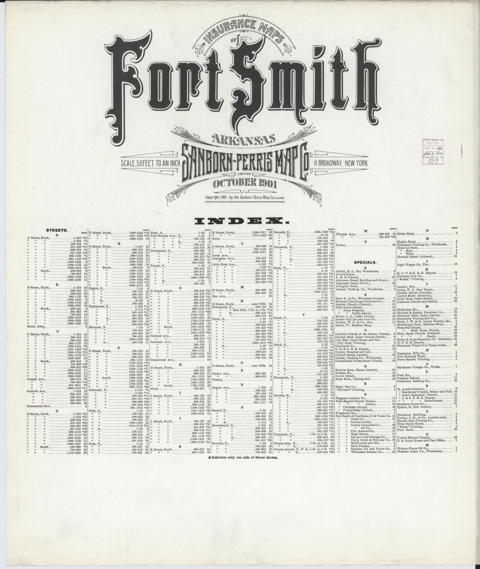 Sanborn Fire Insurance Map from Fort Smith, Sebastian County, Arkansas (1901), Sheet #0001 - Historic Sanborn Fire Insurance Map Print, vintage old map wall art, antique decor, genealogy gift, Arkansas Arkansas map