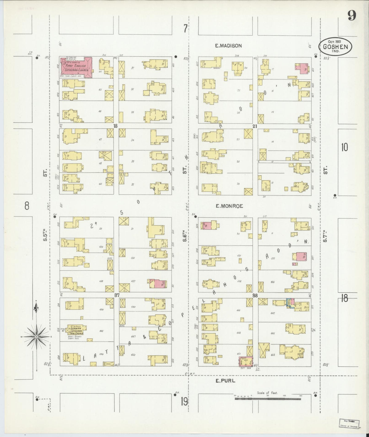 Sanborn Fire Insurance Map from Goshen, Elkhart County, Indiana (1901), Sheet #0009 - Historic Sanborn Fire Insurance Map Print, vintage old map wall art, antique decor, genealogy gift, Indiana Indiana map