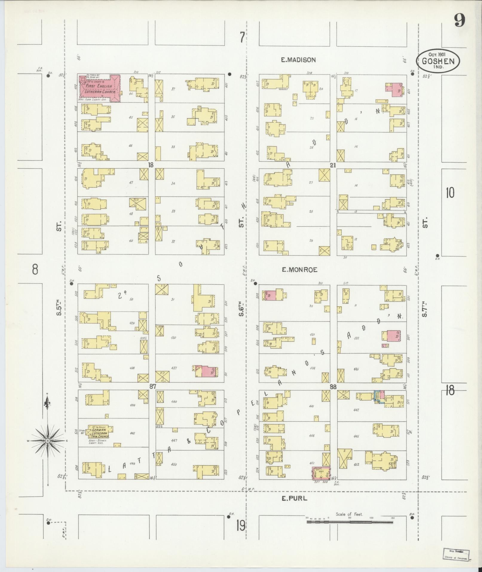 Sanborn Fire Insurance Map from Goshen, Elkhart County, Indiana (1901), Sheet #0009 - Historic Sanborn Fire Insurance Map Print, vintage old map wall art, antique decor, genealogy gift, Indiana Indiana map