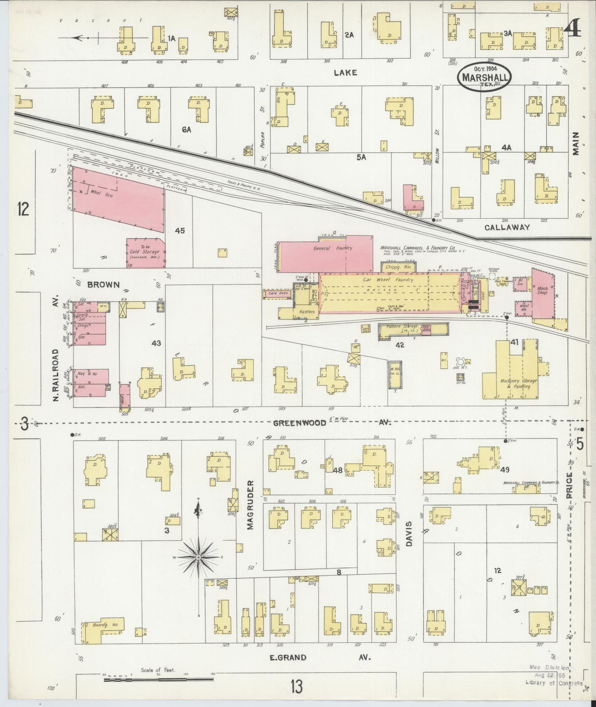 Sanborn Fire Insurance Map from Marshall, Harrison County, Texas (1904), Sheet #0004 - Complete Map Set gallery image, historic Sanborn map, vintage wall art, Texas Texas