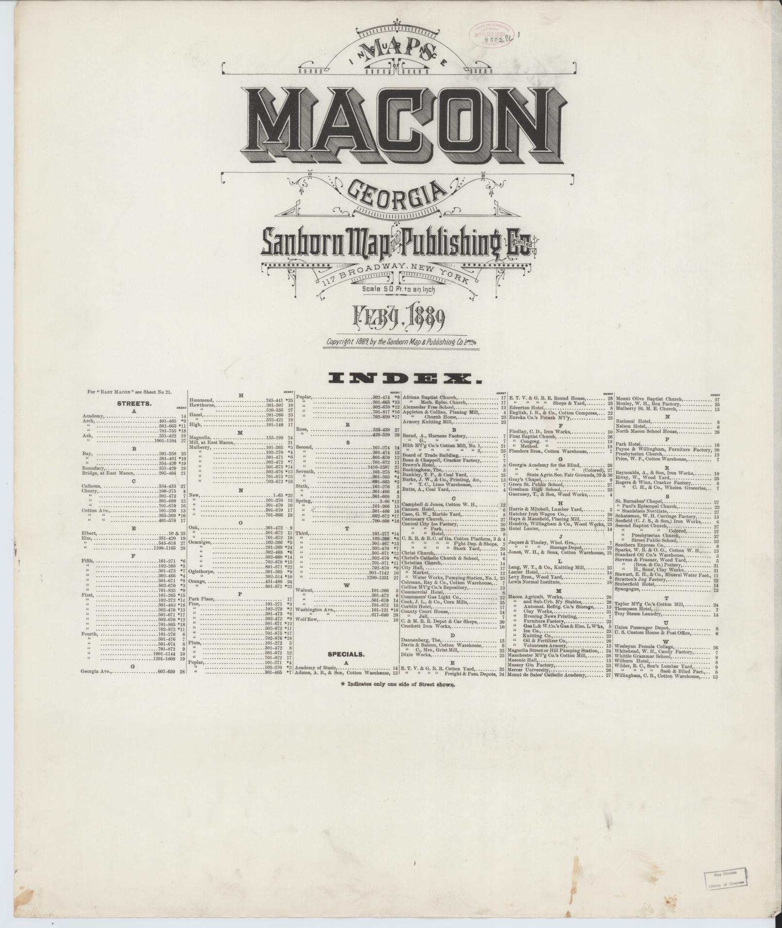 Sanborn Fire Insurance Map from Macon, Bibb and Jones County, Georgia (1889), Sheet #0001 - Historic Sanborn Fire Insurance Map Print, vintage old map wall art, antique decor, genealogy gift, Georgia Georgia map