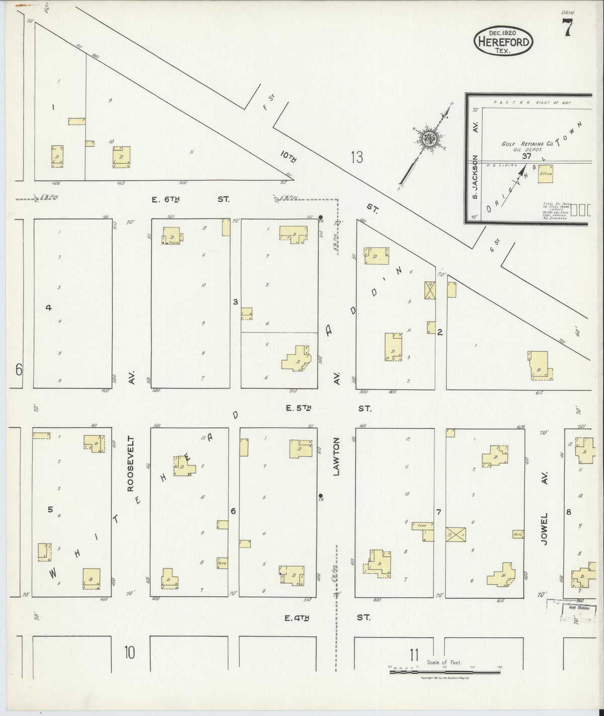 Sanborn Fire Insurance Map from Hereford, Deaf Smith County, Texas (1920), Sheet #0007 - Historic Sanborn Fire Insurance Map Print, vintage old map wall art, antique decor, genealogy gift, Texas Texas map